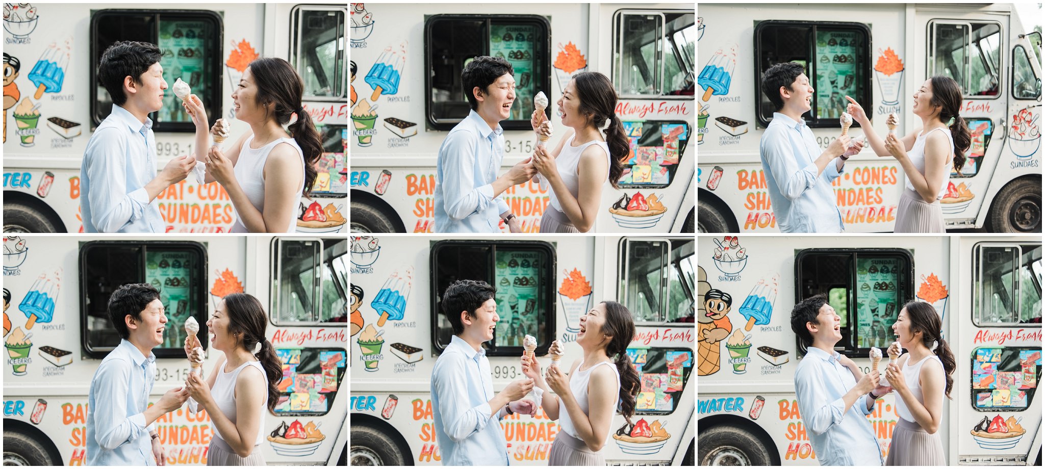 Man puts ice cream from his cone on girlfriends nose in front of ice cream truck at Jack Darling Park, Mississauga
